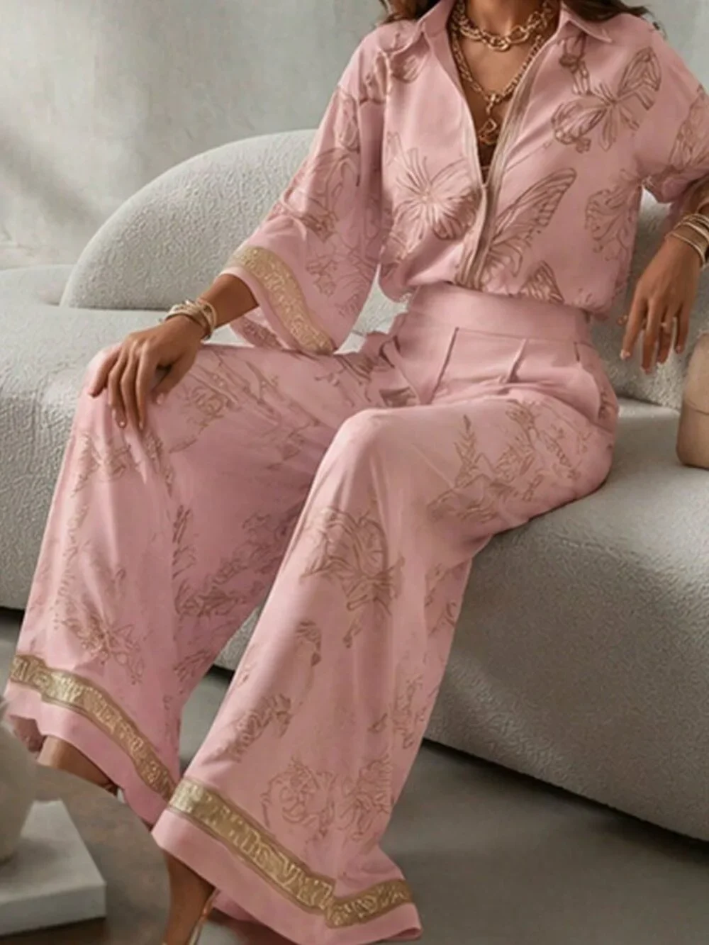Pink Boho Elegant Women's Print Zip-Up Top & Wide-Leg Pants Set